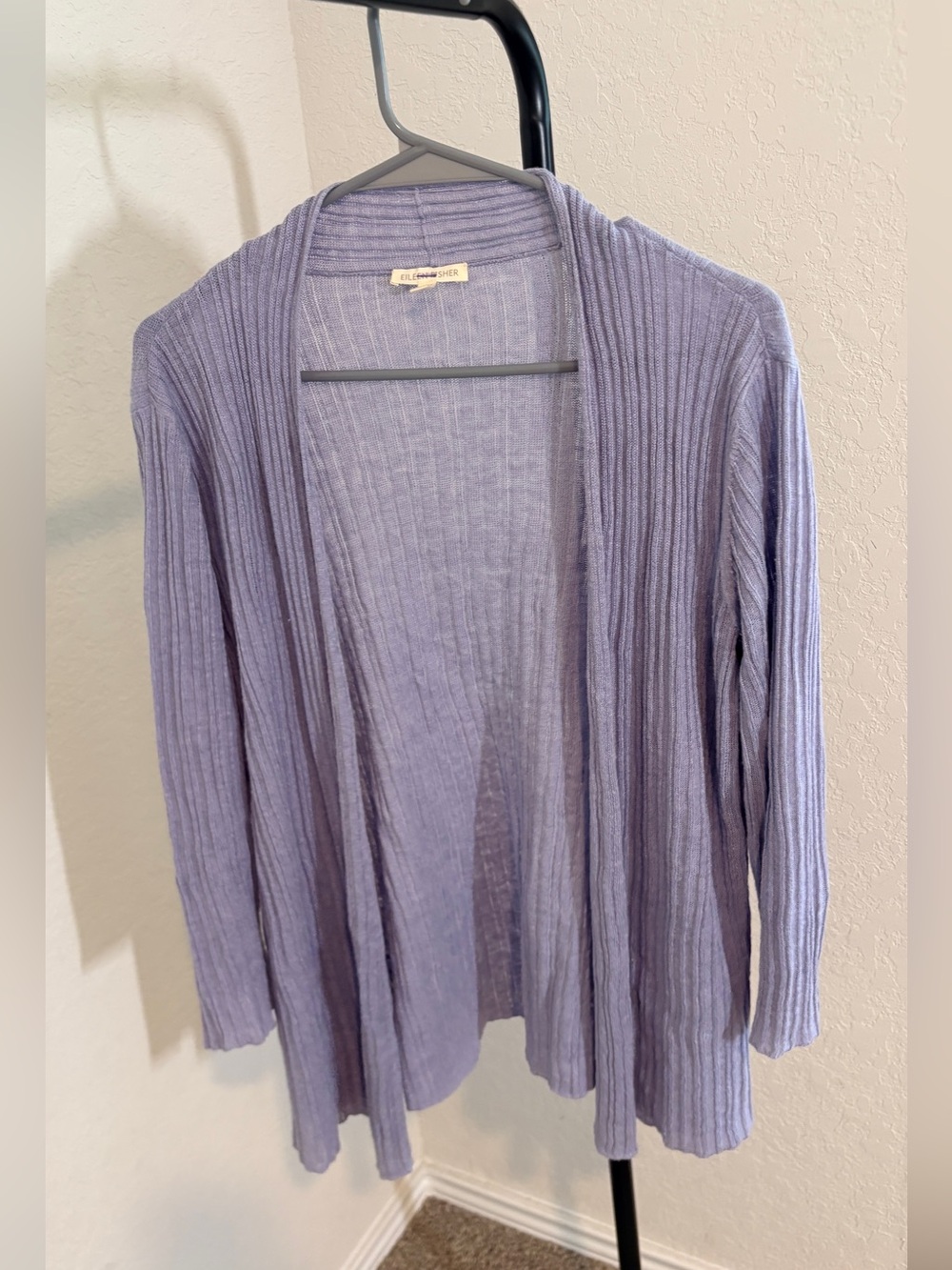 Eileen Fisher Light Lavender 100% Linen Ribbed Open-Front Cardigan